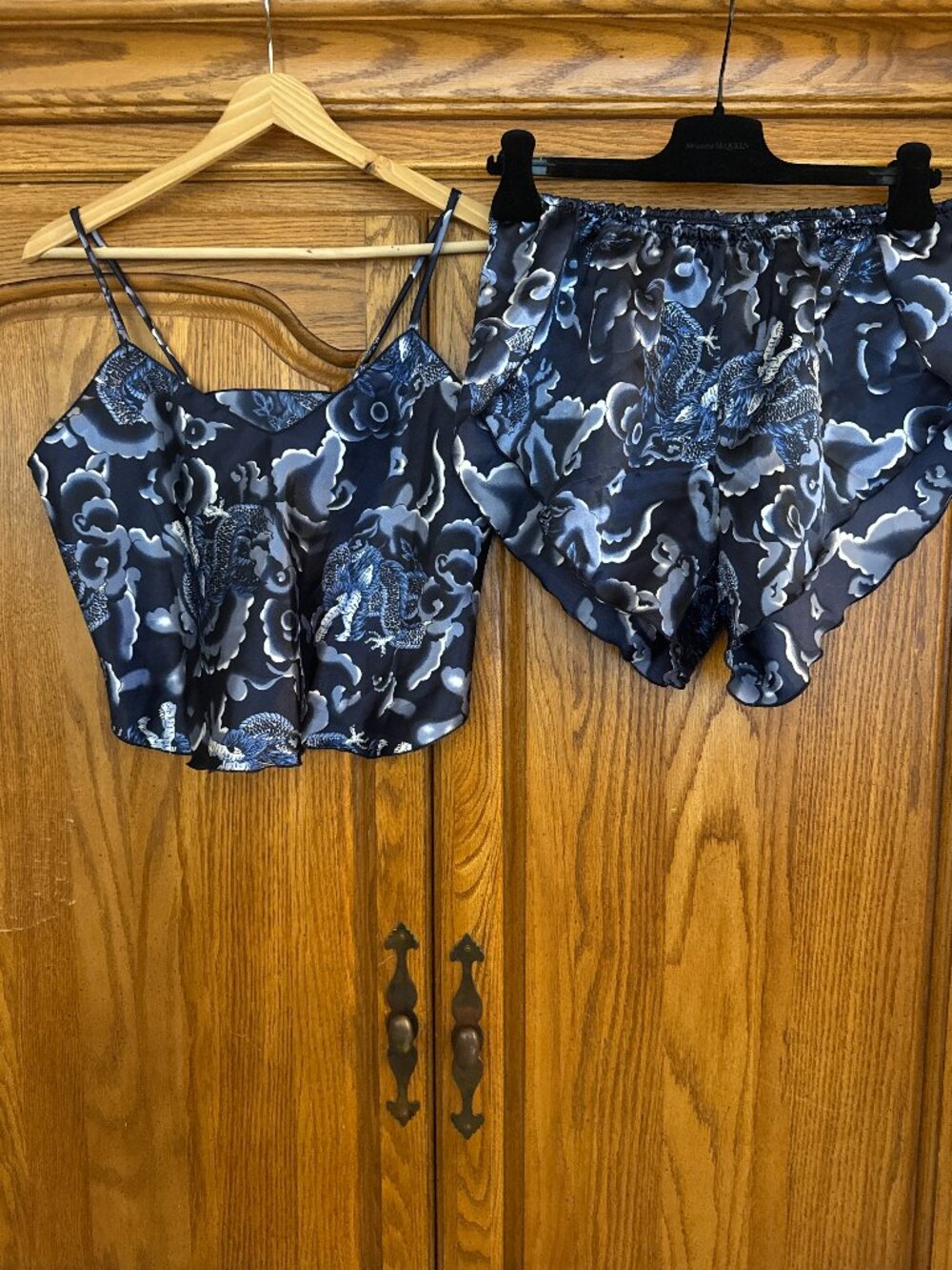 Satin Floral-Dragon Cami & Shorts Pajama Set - Black/Gray
